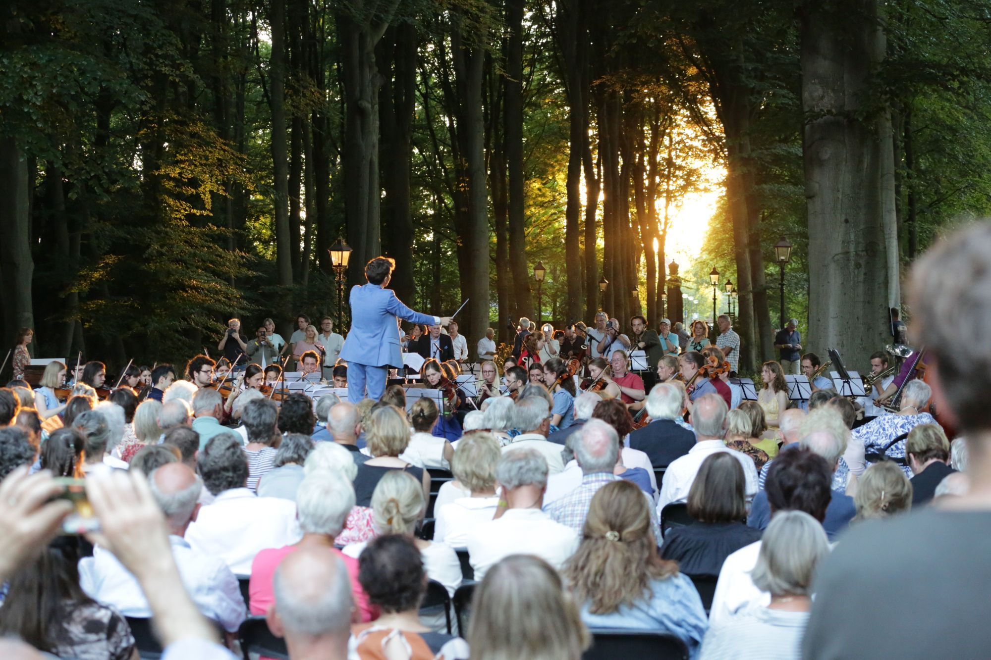 Georgios dirigeert een orkest in het bos bij zonsondergang